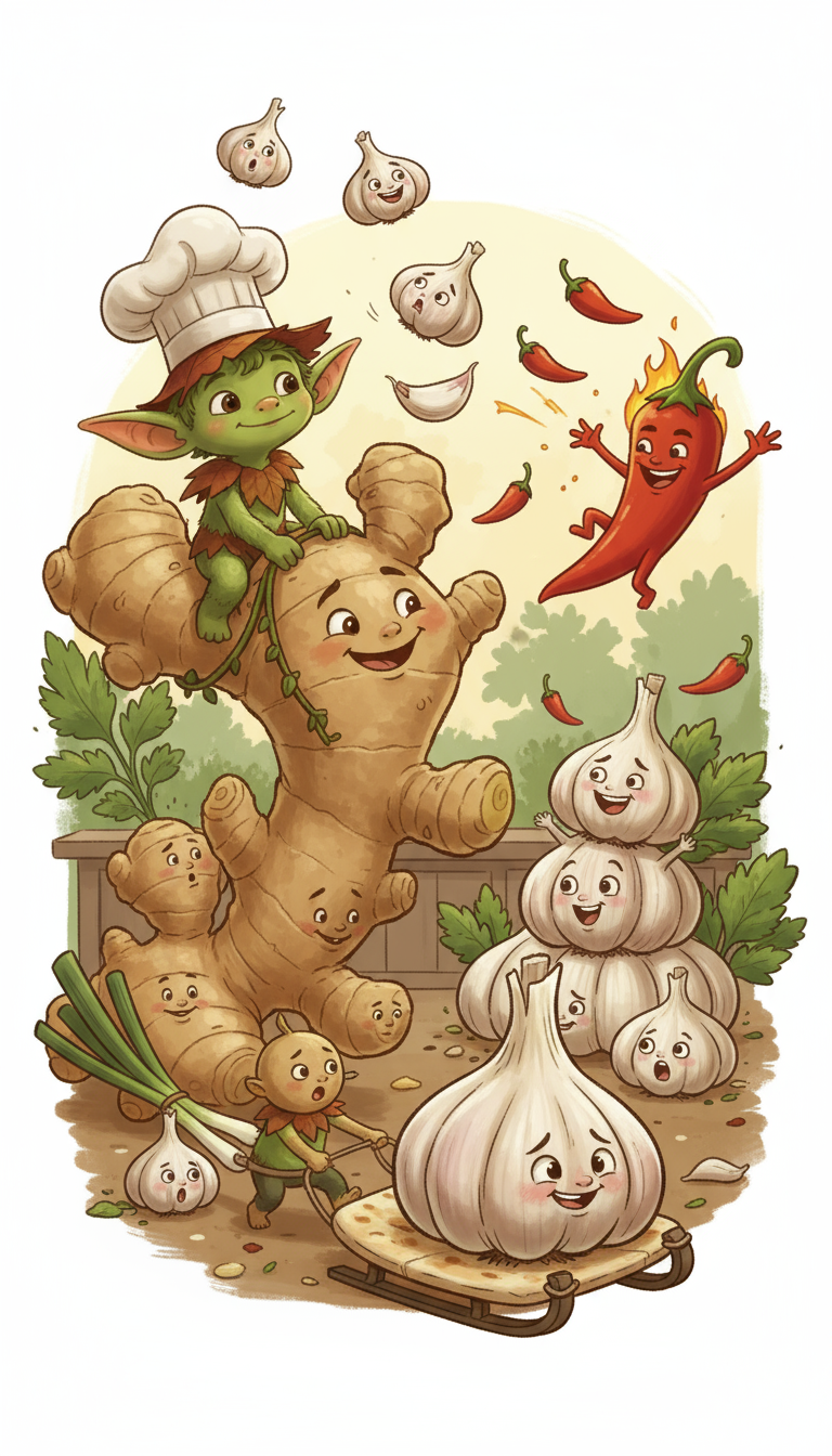 Ein humorvoller Kräuterkobold mit Kochmütze sitzt auf einer großen, fröhlichen Ingwerwurzel. Um ihn herum sind lachende Knoblauchzehen, tanzende Chilis, eine lebensfrohe rote Chili mit einem Feuerflammen-Haar und lächelnde Knoblauchknollen auf einer Schubkarre.