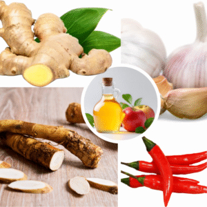 Fire Cider: frischer Ingwer, Knoblauchzehen, Meerrettichwurzel, rote Chilischoten und eine Flasche Apfelessig