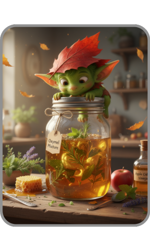 Ein kleiner, grüner Fantasiekobold mit rotem Blatt als Hut sitzt auf einem großen Glas mit Oxymel-Mischung, umgeben von frischen Kräutern, Honig, Äpfeln und einer Flasche Apfelessig auf einem Holztisch in einer gemütlichen Küche.