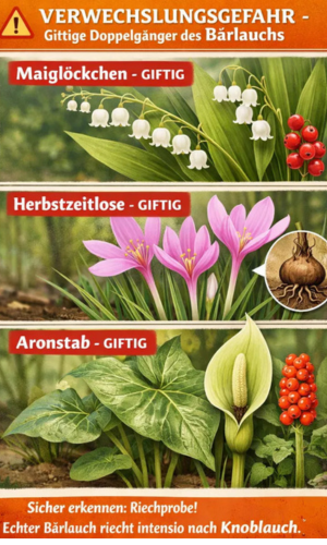 giftige Doppelgänger: ähnliches Blattgrün von Maiglöckchen, Herbstzeitlose und Aronstab, zur Warnung vor gefährlicher Verwechslungsgefahr beim Sammeln.