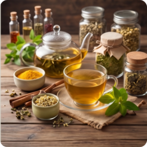 Eine gemütliche Kräuter-Apotheke mit einer gläsernen Teekanne, verschiedenen Schälchen mit getrockneten Heilkräutern, Gewürzen und Vorratsgläsern auf einem rustikalen Holztisch.