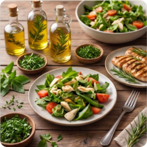 Ein appetitlich angerichteter Kräutersalat mit Tomaten und gegrilltem Hähnchen, umgeben von Schälchen mit frisch gehackten Wildkräutern und Flaschen mit selbstgemachtem Kräuteröl.