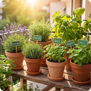 Mehrere Terrakotta-Töpfe mit frischen Kräutern wie Lavendel, Basilikum und Minze auf einem sonnigen Holzbalkon, beschriftet mit kleinen hölzernen Kräuterschildern.