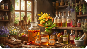 Oxymel: Dekorative Darstellung eines natürlichen Heiltranks mit Kräutern, Blumen und Glasgefäßen in einer warmen, botanischen Szene.
