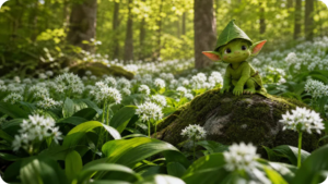 Illustration eines Frühlingswaldes mit einem kleinen Naturgeist in der Mitte. Links sind Bärlauchpflanzen markiert, rechts blühender Wunderlauch (Berliner Bärlauch). Der Text ‚Frühlingsjubel im Bärlauchwald‘ wölbt sich über der Szene.“ Gemini AI-generiert
