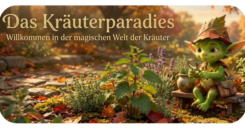Wurzelwitz, sitzt mit einer Lupe in einem herbstlichen Garten und lädt ein in die „magische Welt der Kräuter“. Er trägt einen Hut aus bunten Herbstblättern und untersucht neugierig eine Brennnessel