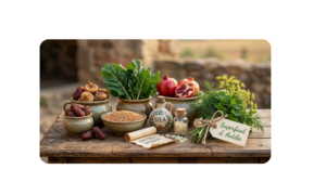Ein antikes Stillleben mit handgemachten Keramikschalen, gefüllt mit Feigen, Datteln und Granatäpfeln, daneben frischer Fenchel und eine kleine Schriftrolle mit der Aufschrift Antikes Wissen.