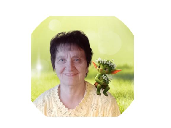 Karin Theilemann, Kräuterbegeisterte von Das Kräuterparadies, mit dem Kräuterkobold Wurzelwitz auf der Schulter.