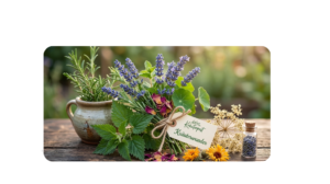 Ein frisches Wildkräuter-Bouquet mit Nessel und Lavendel auf einem Holztisch, daneben ein kleiner Keramiktopf und eine Apothekerflasche.