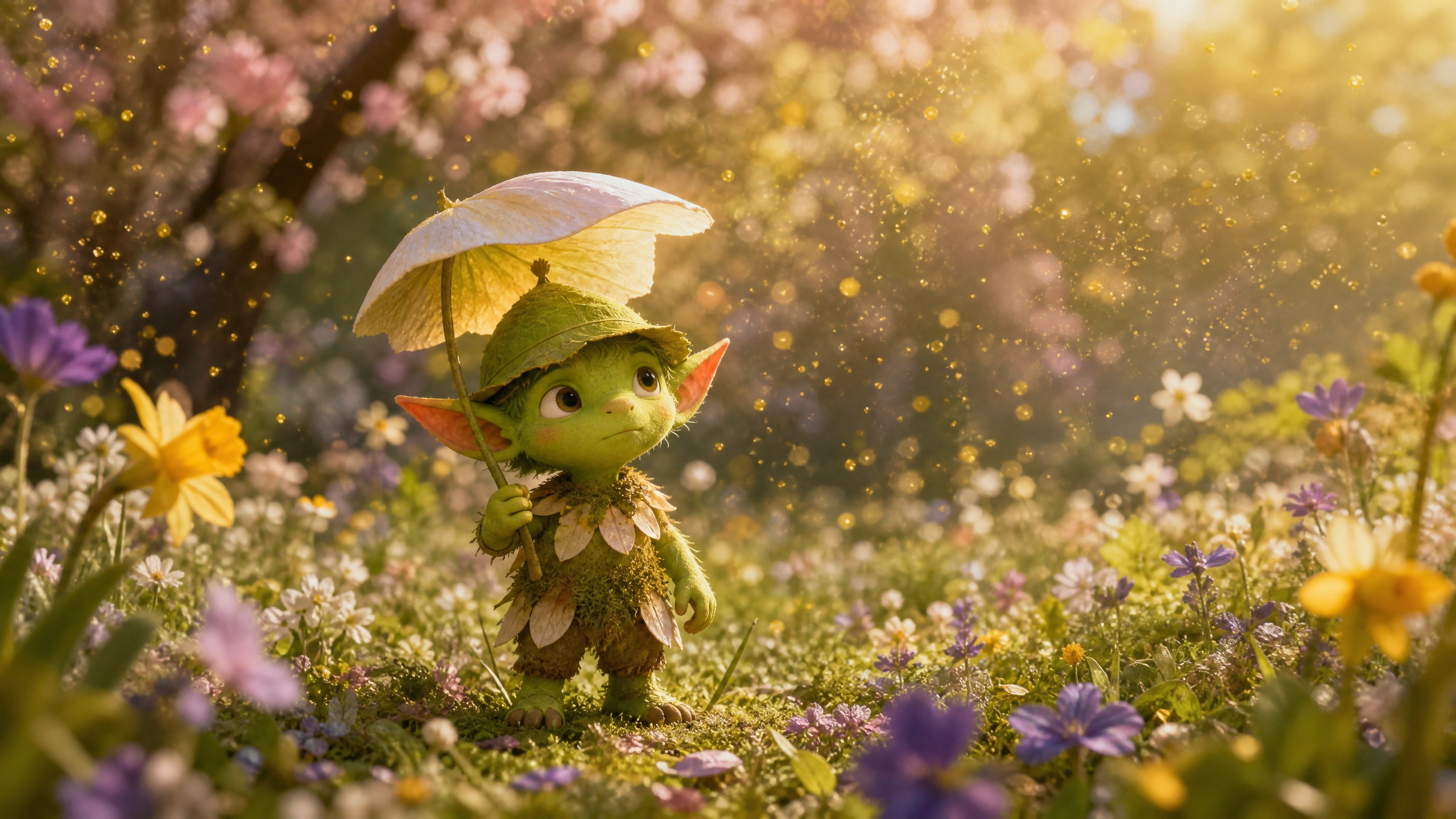 Ein niedlicher kleiner grüner Kräuterkobold steht in einer frühlingshaften Blumenwiese und hält ein großes weißes Blütenblatt wie einen Schutzschirm über sich, während in der sonnendurchfluteten Luft goldener Blütenstaub (Pollenflug) tanzt.