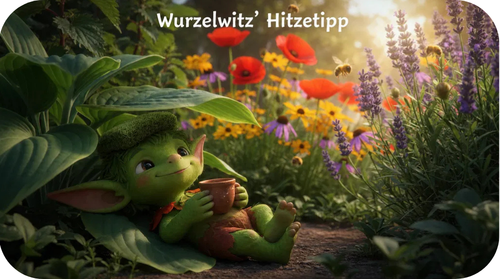 „Eine flache Steinschale mit Wasser und Kieselsteinen für Bienen im sommerlichen Minz-Beet, aus dem der kleine Kobold Wurzelwitz dezent hervorlugt.“