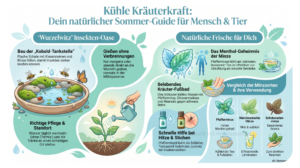 „Infografik mit dem Titel ‚Kühle Kräuterkraft‘. Links unter ‚Wurzelwitz’ Insekten-Oase‘: Illustrationen zum Bau einer Insektentränke, Gieß-Tipps für den Sommer und Pflegehinweise. Rechts unter ‚Natürliche Frische für Dich‘: Infos zum Menthol-Geheimnis der Minze, Anleitung für ein Kräuter-Fußbad, Produkt-Tipps bei Hitze und Stichen sowie ein Vergleich von Pfefferminze, Marokkanischer Minze und Schokoladenminze.“