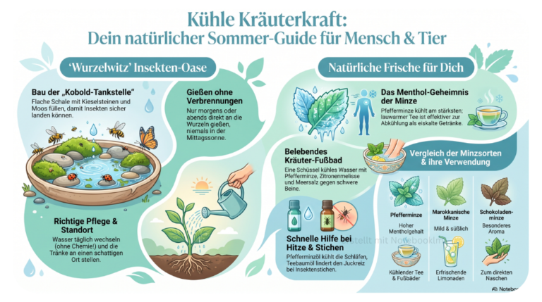 „Infografik mit dem Titel ‚Kühle Kräuterkraft‘. Links unter ‚Wurzelwitz’ Insekten-Oase‘: Illustrationen zum Bau einer Insektentränke, Gieß-Tipps für den Sommer und Pflegehinweise. Rechts unter ‚Natürliche Frische für Dich‘: Infos zum Menthol-Geheimnis der Minze, Anleitung für ein Kräuter-Fußbad, Produkt-Tipps bei Hitze und Stichen sowie ein Vergleich von Pfefferminze, Marokkanischer Minze und Schokoladenminze.“