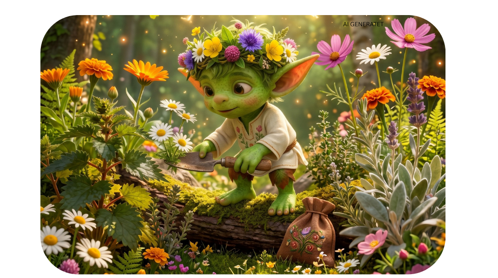 Kräuterkobold Wurzelwitz trägt einen bunte Blumenkranz auf dem Kopf und gärtnert inmitten blühender Mittsommer-Kräuter