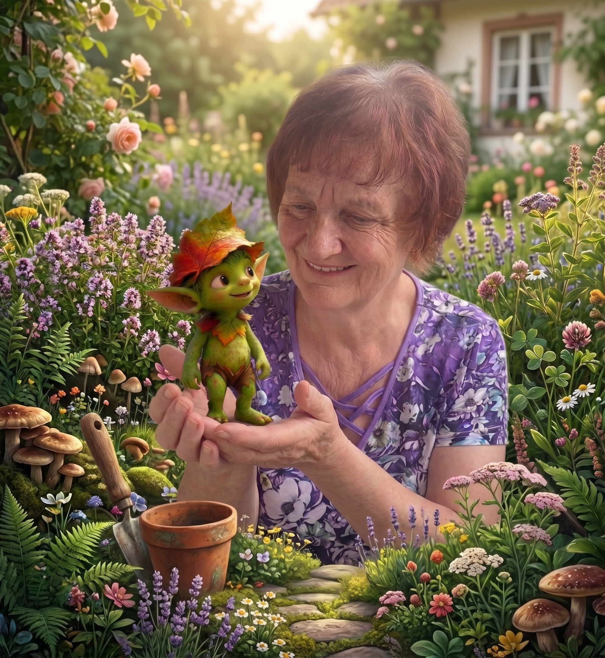 Karin vom Kräuterparadies lächelt im Garten mit dem kleinen Kräuterkobold Wurzelwitz auf ihrer Schulter