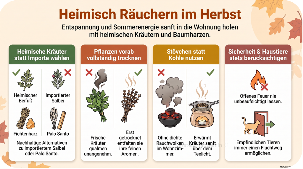 Infografik: Heimisch räuchern im Herbst – Die 7 besten Kräuter, Harze und Anleitungen für die Hausreinigung im Überblick