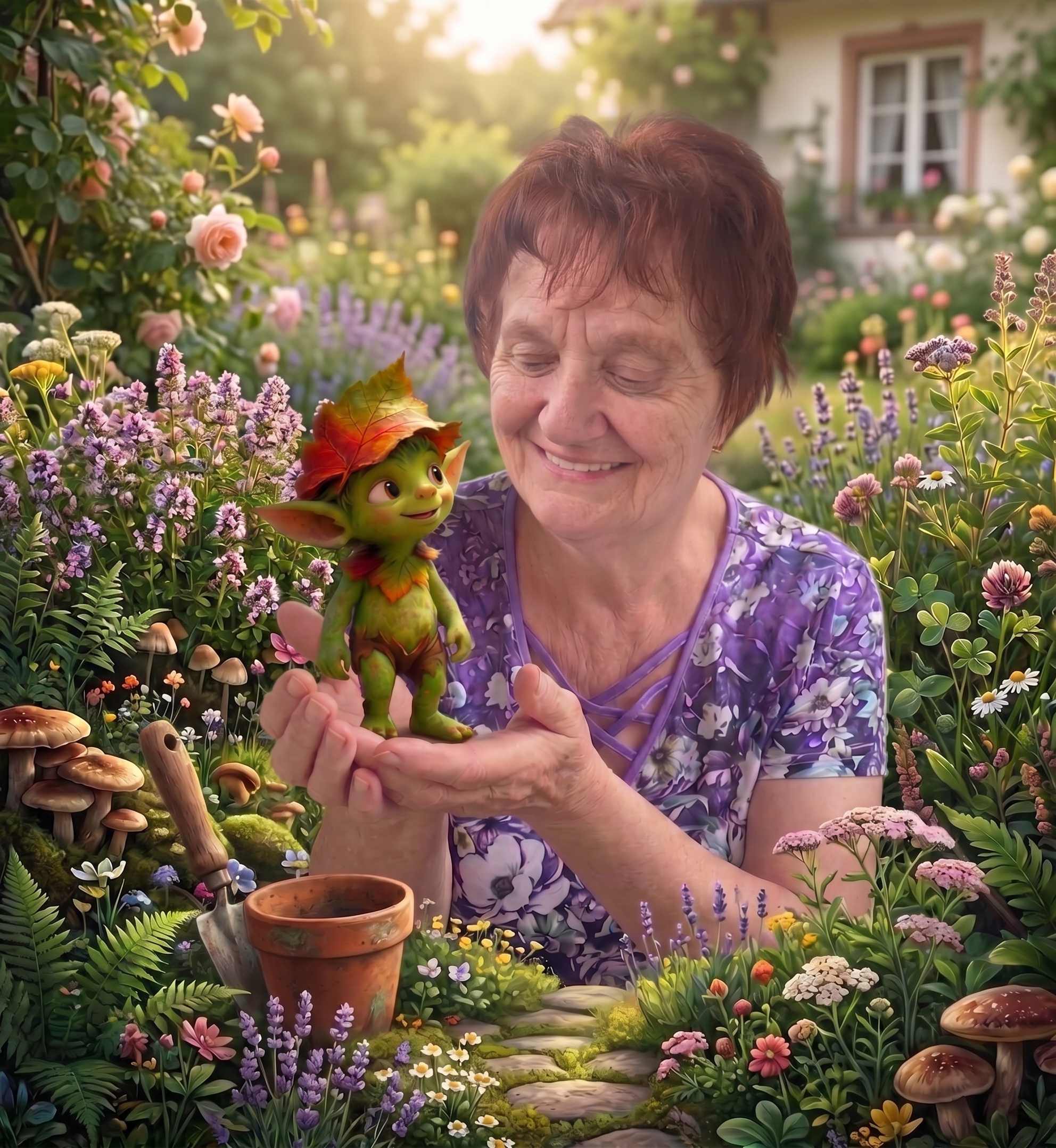Karin vom Kräuterparadies lächelt im blühenden Garten mit dem Kräuterkobold Wurzelwitz auf den Händen