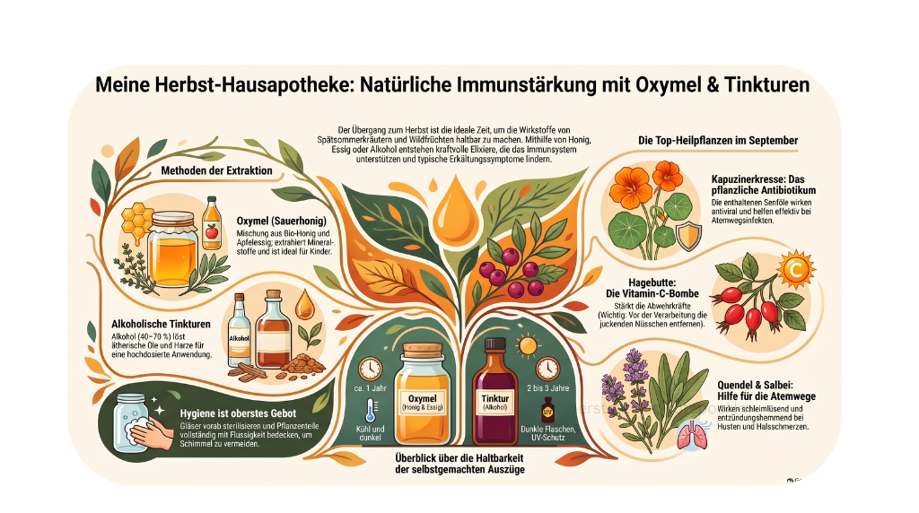 Infografik zur Herbst-Kräuter-Hausapotheke: Übersicht der Auszugsmethoden Tinktur mit Alkohol, Oxymel mit Sauerhonig und Mazerat mit Pflanzenöl.