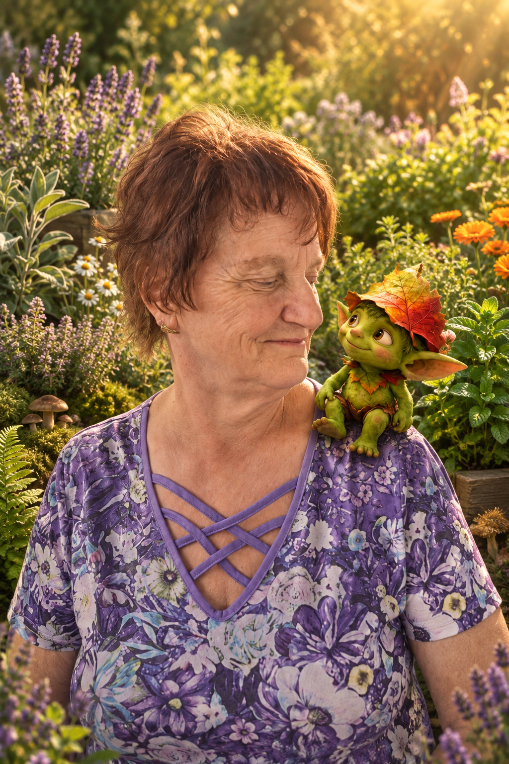 Portrait von Karin, Gründerin und Kräuterexpertin von Das Kräuterparadies, mit Wurzelwitz auf der Schulter