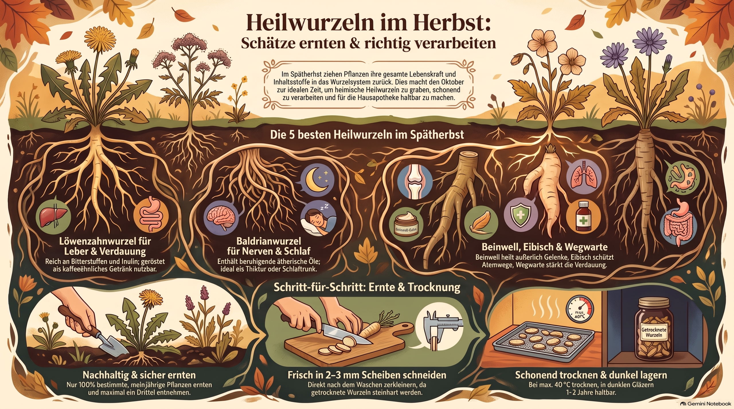 Infografik: Heilwurzeln im Herbst sammeln, ernten und richtig verarbeiten – Die 5 besten Heilwurzeln im Überblick