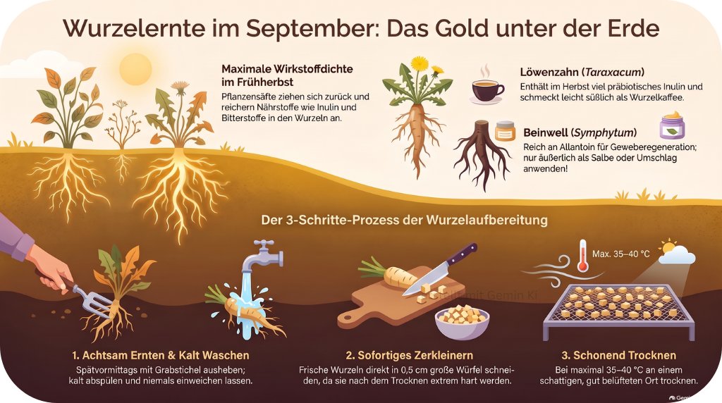 Infografik zur Wurzelernte im September: Heilpflanzenwurzeln und Samen richtig sammeln und verarbeiten
