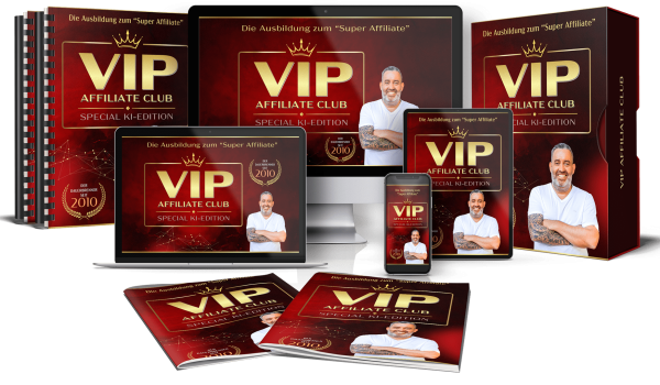 Produktabbildung des VIP Affiliate Club Special KI-Edition Trainingsprogramms mit verschiedenen Lernmaterialien wie Ordnern, Büchern, und digitalen Geräten (Laptop, Tablet, Smartphone, Desktop) in rotem Design und goldener Schrift.