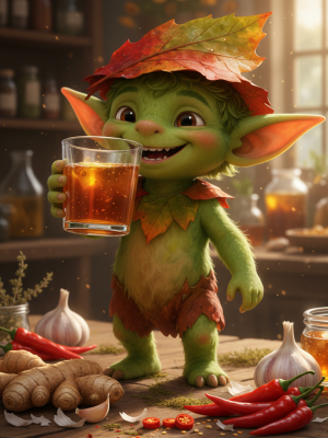 Ein grüner Kräuterkobold mit rotem Blätterhut sitzt fröhlich und genießt Firecider aus einem Glas. Um ihn herum liegen die Zutaten Ingwer, Knoblauch und Chili.