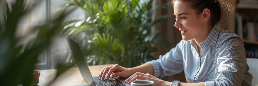 Junge Frau arbeitet konzentriert an einem Laptop in einem hellen, gemütlichen Raum mit Pflanzen, Notizbüchern und einer Tasse Kaffee auf einem Holztisch – moderne Arbeitsatmosphäre für E-Mail-Marketing und digitales Lernen.