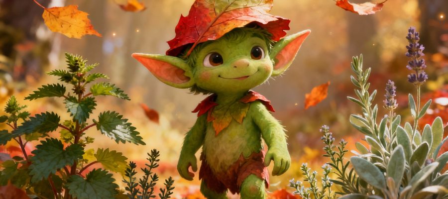 „Kleiner grüner Kobold steht freundlich in einem herbstlichen Wald, umgeben von frischen Kräutern wie Brennnessel, Thymian und Salbei, in warmem, weichem Morgenlicht mit magischer Atmosphäre“